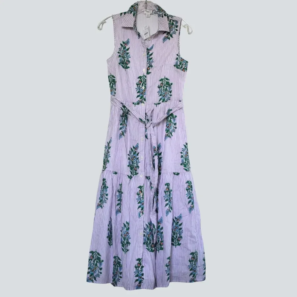 J.Crew Factory Tiered Midi Shirt Dress 00 Purple White Striped Green Block Print
